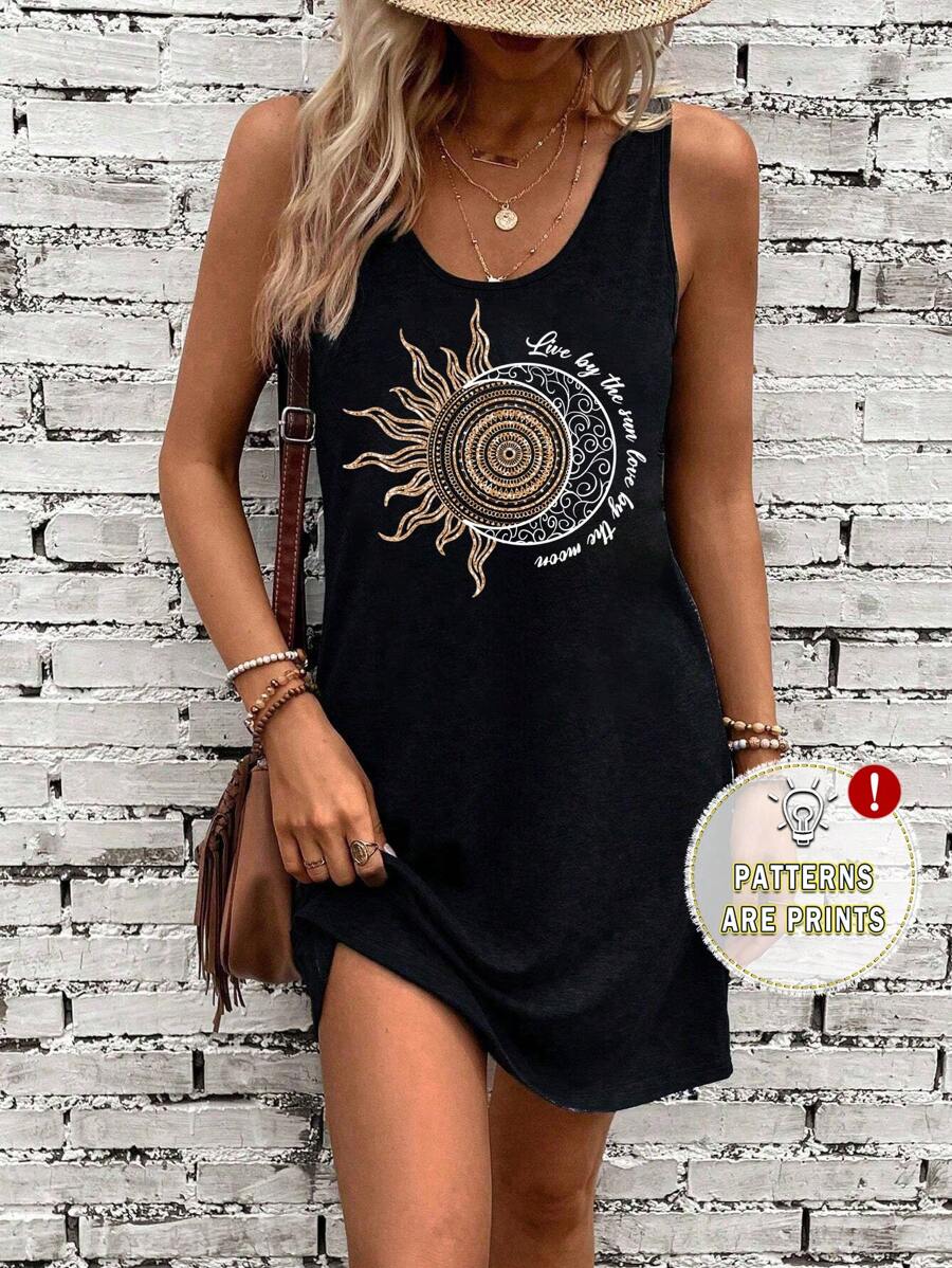 EMERY ROSE Minimalist Sun & Moon Pattern Sleeveless Casual Dress, Suitable For Summer Suitable For Going Out Chic Dress - Black - View 1