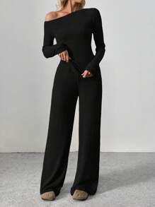 Flirla Tall 2pcs Women Winter Casual Asymmetrical Asymmetric Neck Fuzzy Tee + Wide Leg Lounge Pants Set Fall Cloth For Women - Black - View 5