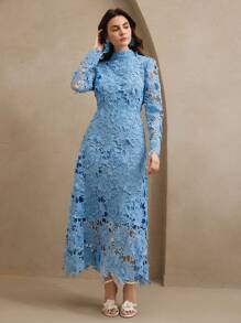 Anewsta Damen weißes langes Ärmelkleid mit Spitze und ausgeschnittenen Elementen