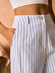 Poéselle Women's Casual High-Waisted H-Line Striped Straight Leg Pants With Front Button,Boho,Bohemian,Vacation Outfits Woman,Summer Outfits For Women,Beach Vacation Outfits - Blue - View 3