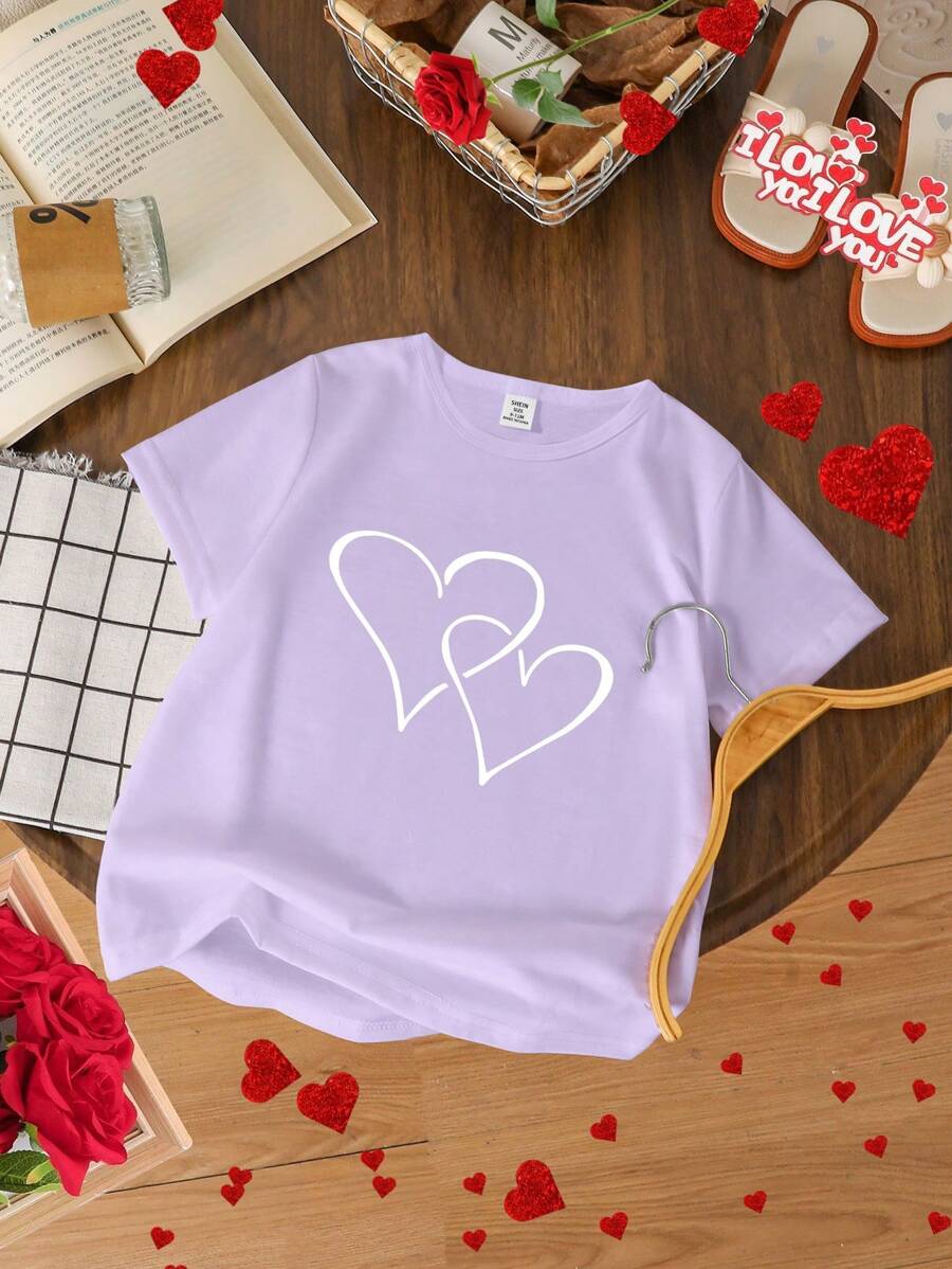 Baby Girl Cute Minimalist Interlocking Hearts Print Crew Neck Top, Suitable For Summer - Multicolor - View 1