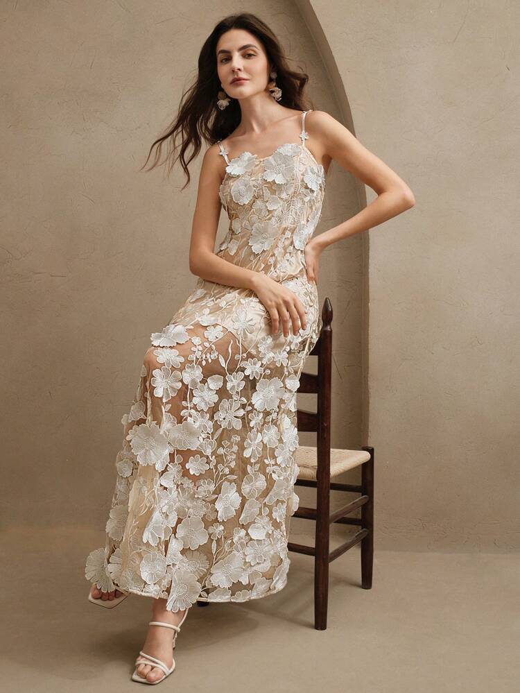 Women's Long Dress With 3D Embroidered Appliques, Elegant Sleeveless Dress, Suitable For Summer And Festivals