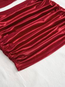 2pcs Set Women's Wine Red Satin Strapless Cropped Top & Ruched Bodycon Skirt - Burgundy - View 4