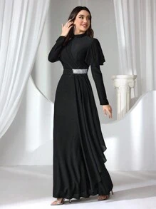 Coutiva Formal Evening Gown For Women, Fashionable High-Necked Spring And Summer Different-Material Splicing Waist Slimming Black Dress, Suitable For Parties, Wedding Guests, Opening Ceremonies, And Coming-Of-Age Ceremonies. The Waist Sequin Splicing Design Makes You Look Slimmer Visually. The Chiffon Fabric Splicing Design On The Upper Body Is Fashionable, Unique And Elegant, Party Dress