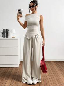 SHEIN EZwear Bộ 2 áo và quần dài trơn đơn giản không đối xứng dành cho nữ - Màu be - Xem 4