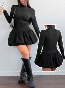 SHEIN Unity Plus Size Women Long Sleeve Floral Bubble Dress With Turtleneck - Black - View 1