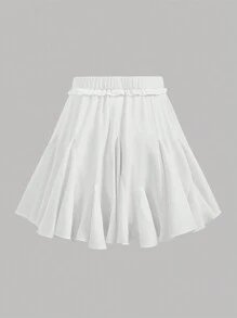 SHEIN Leap Crew 少女白色荷叶边下摆迷你裙、高腰百褶裙、芭蕾短裙、派对装、街头装、夏季/秋季裙子、白色裙子、适合青少年的白色迷你裙 - 白色 - 查看 2