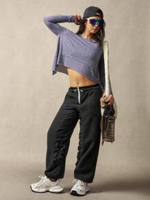 VARSITIE Long Sleeve Workout Top Crew Neck Long Sleeve Asymmetrical Hem Loose Casual Gray T-Shirt
