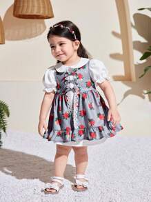 SHEIN Vestito corto da ragazza con colletto alla Peter Pan e maniche corte a fiori, completo estivo di 2 pezzi con cardigan lungo - Grigio - Visualizzare 9