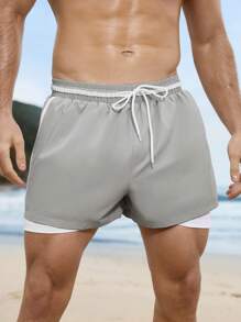 Surfspeed Men's Casual Drawstring Waist 2 In 1 Beach Shorts Men Swim Trunks - Light Grey - View 8