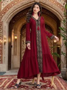 Al Najma Bright Red  V-Neck Webbing Tassel Women's Elegant Ribbon Trim Dress - Red - View 4