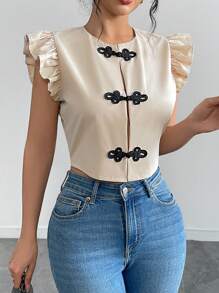 Elenzga 中国新年风格青蛙纽扣开合宽松休闲圆领盖袖短衬衫，浅米色 - 杏色 - 查看 3