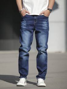 Manfinity Homme Men's Casual Loose Fit Pocket Denim Jeans, For Daily Wear - Dark Wash - View 1