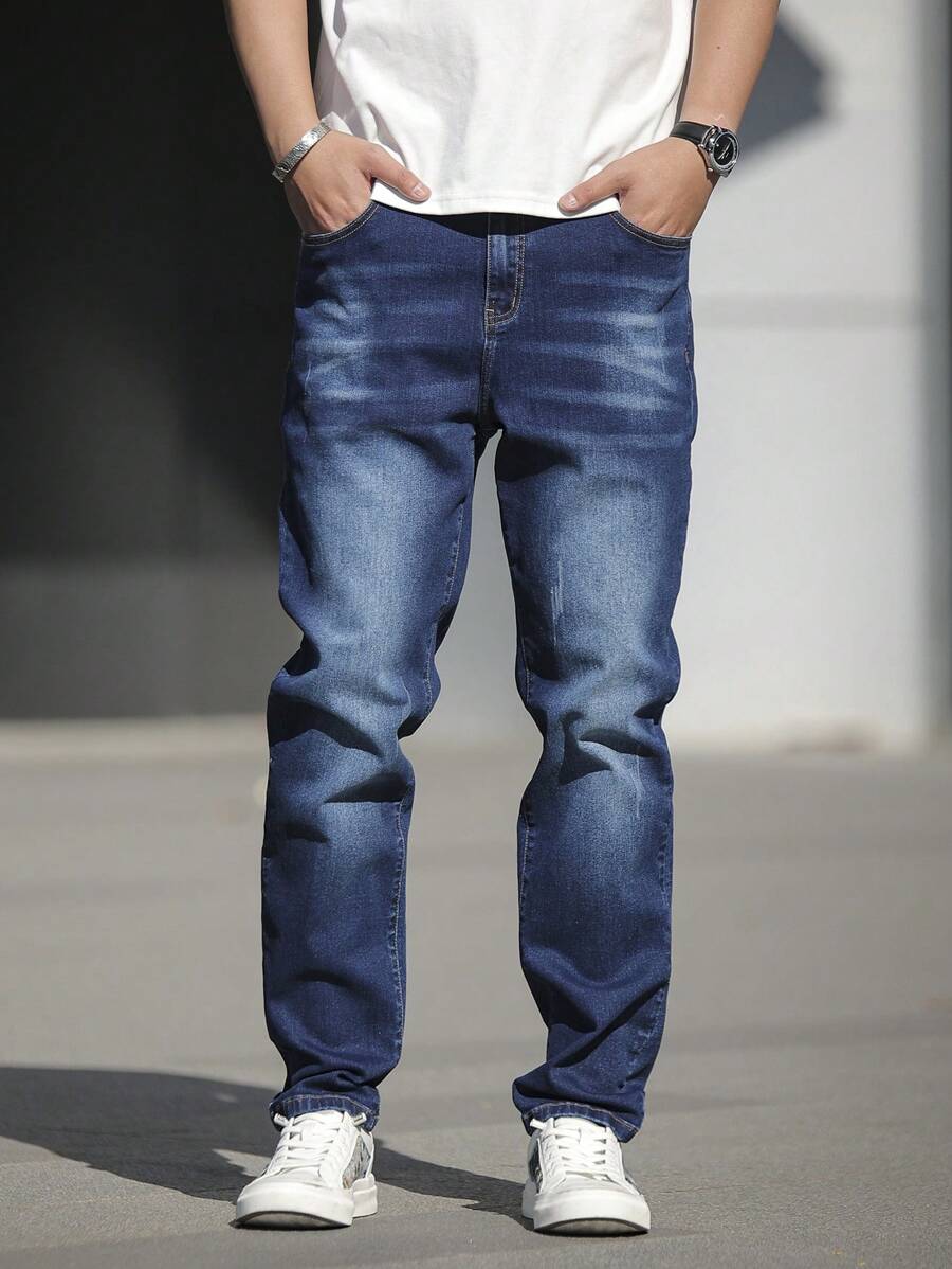 Manfinity Homme Men's Casual Loose Fit Pocket Denim Jeans, For Daily Wear - Dark Wash - View 1