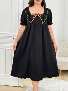 Plus Size Women's Contrast Color Ruffle Trim Square Neck Puff Sleeve Nightgown - Multicolor - View 6