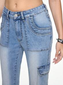 ROMWE Jeans de mezclilla sencillos con bolsillo delantero con botones para mujer, uso casual de todos los días