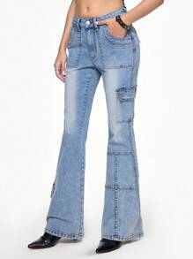 ROMWE Jeans de mezclilla sencillos con bolsillo delantero con botones para mujer, uso casual de todos los días