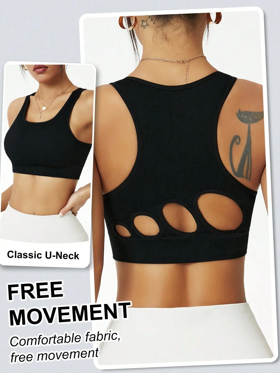 Easithlete Seamless Ribbed High Elasticity Women Sports Bra - Black - View 1