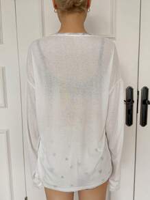 DAZY 女士柔软蕾丝拼布 V 领长袖睡衣上衣 - 白色 - 查看 2