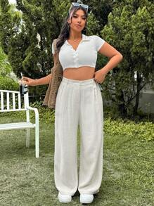 SHEIN EZwear 大码亚麻纯色休闲长裤，春季 - 米色 - 查看 6