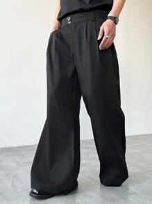 Claim Dot 男士休闲日常穿着，这款高级小众黑色复古宽松西装裤，腰部饰有双扣细节。适合音乐节和日常穿着，是送给男友或丈夫的绝佳礼物，完美诠释了Y2K风格。男士简约风格西装裤，正面纽扣口袋，休闲日常穿着，黑色阔腿裤。 - 黑色 - 查看 2