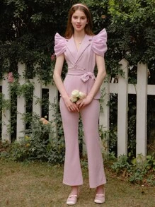 SHEIN Teen Girl Elegant Floral Embellished Pink Suit Set, Fashionable Flared Pants, Formal Occasion Outfit For Party And Wedding - Pink - View 1