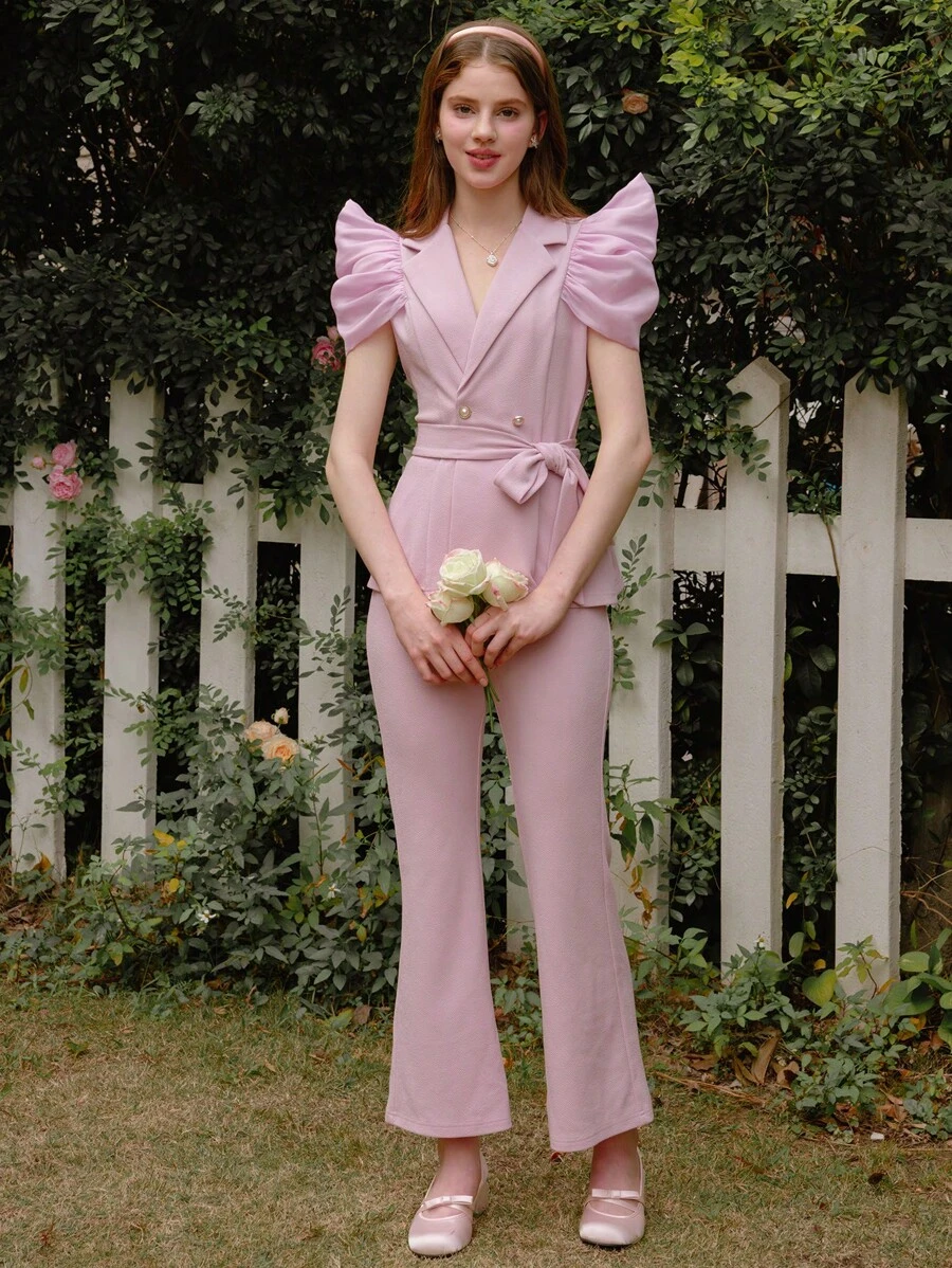 SHEIN Teen Girl Elegant Floral Embellished Pink Suit Set, Fashionable Flared Pants, Formal Occasion Outfit For Party And Wedding - Pink - View 1