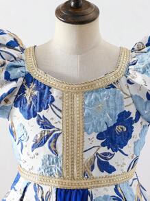 SHEIN Tween Girls Elegant Floral Jacquard Splice Mesh Ruffle Hem Dress - Blue - View 9