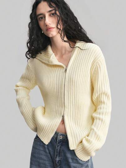 Ontre 女士休闲纯色不对称拉链开衫，秋冬