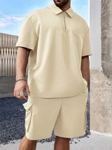 Manfinity Homme Plus Size Men Casual Solid Color Short Sleeve Shirt And Shorts Set - Beige - View 6