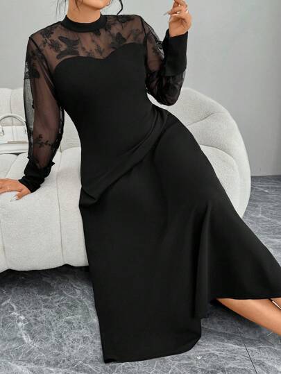 Modelyn 大码超长蕾丝拼布紧身优雅喇叭连衣裙