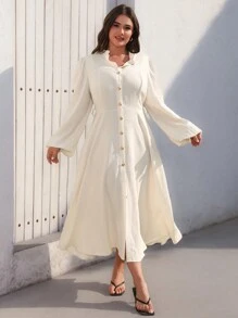Aveloria Modichic Elegant Plus Size Women Metal Buckle Stand Collar Long Sleeve Midi Dress With Waistband And Creased Fabric Texture