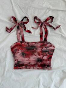 Soleia Vacation Women's Retro Floral Print Gathered Shoulder Tie Bowknot Cropped Tank Top,Valentine's Day,Summer For Women,Beach For Woman,Mardi Gras,Western Wear Woman,Birthday For Women,Crop Top Woman