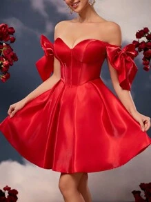 Lovelzi Elegant And Romantic Red Glossy Satin Off The Shoulder Exaggerated Big Bow Sleeves Wedding Guest Dress, Suitable For Evening Parties Valentine's Day Date Back-To-School Prom Dress Homecoming Dress, Party Dress - Red - View 6
