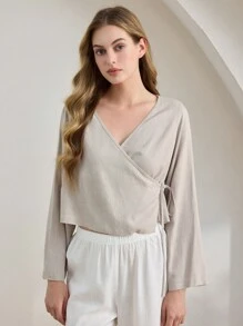 Ocili Leisure Comfortable Linen Overlap Collar Tie-Up Blouse, Women Casual Homewear Top - Pink - View 6