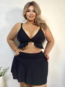 SHEIN CURVE+ Plus Size Women's Black Minimalist Sexy Skinny Bikini Swimwear Top, Na Letnie Wakacje Na Plaży - Czarne - Zobacz 5