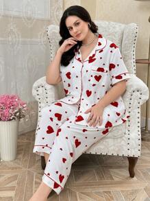 CottageSlumber Große Größen Pyjama-Set mit Herz-Muster und Kontrastbesatz, offene Vorderseite mit Kerb-Kragen