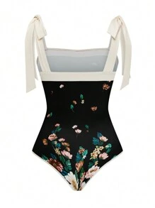 SHEIN Unity 大码优雅花卉印花绑带紧身衣搭配裹身裙 2 件套，修身款，适合夏季女士