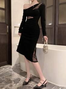 DAZY Váy dài vừa phải ren bất đối xứng cho nữ Đầm dạ hội thanh lịch, Đầm thu Đầm dài tay - màu đen - Xem 8