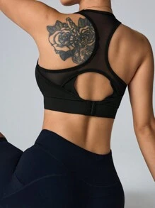 SHEIN Sports 无袖吊带蕾丝镂空网眼拼接运动文胸带可拆卸胸垫，春夏 - 黑色 - 查看 3