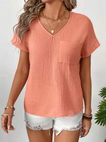 SHEIN LUNE Áo cánh tay ngắn cổ chữ V họa tiết nhăn cho nữ - Màu Cam san hô - Xem 4