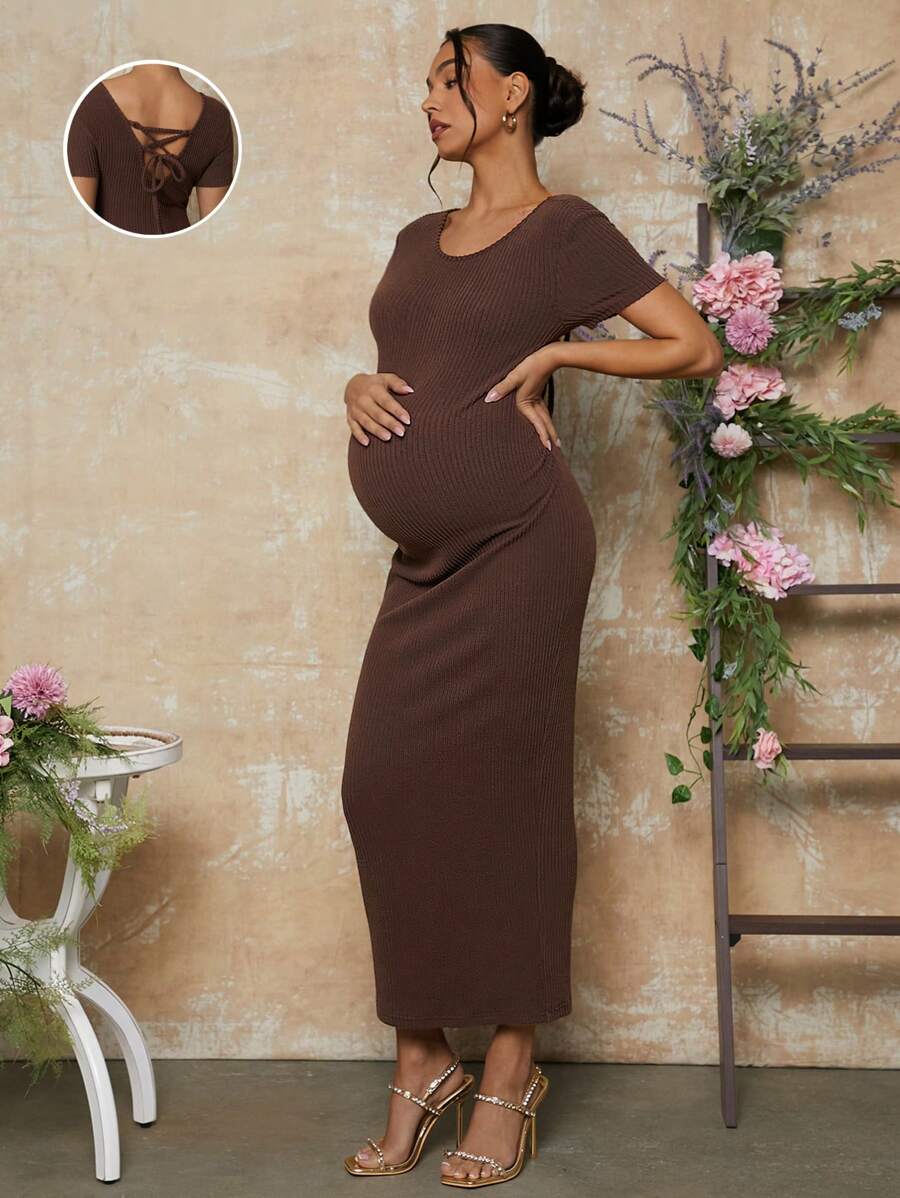 MaterniChic Valentine's Day Solid Color Fitted Maternity Dress With Lace-Up Back - Brown - View 1