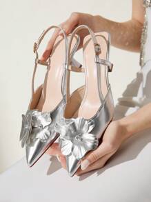 CUCCOO CHICEST Women's 3D Floral Pointed Toe Stiletto Heel Mid Heel Classy Romantic Elegant Classic Gold Faux Leather Ladies Peep Toe High Heels For Dates & Formal Events Spring Shoes Spring Break Easter Prom Heels