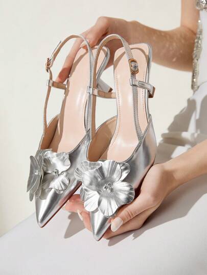 CUCCOO CHICEST 女士3D立体花朵尖头细高跟中跟鞋，优雅浪漫经典金色仿皮高跟鞋，适合约会、正式场合、春季、春假、复活节、舞会等场合。