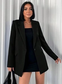 EURMUSE 女士纯色翻领长袖休闲宽松西装外套 - 黑色 - 查看 5