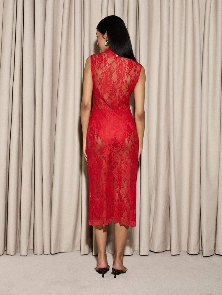 AiiRZ High Neck Sleeveless Lace Midi Dress Valentines