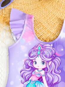 Young Girl Cute Mermaid Print Ruffled One-Piece Swimsuit With Ruffled Beach Skirt Summer Holiday