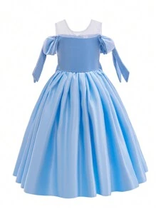 SHEIN Glamorique Kids Young Girls Party Dress, Waist Cinched Puff Dress, Round Neck Bow Elegant Banquet Dress, Flower Girl Dress, For All Seasons - Blue - View 4