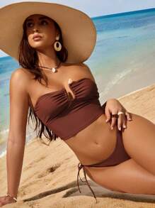 夏季女士性感抹胸比基尼套装 - 棕色 - 查看 5