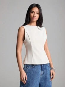 SHEIN EZwear 大码优雅黑色收腰无袖背心，夏季 - 白色 - 查看 1